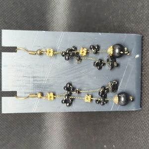 Gold Tone Black Beaded Dangle Drop Statement Earrings